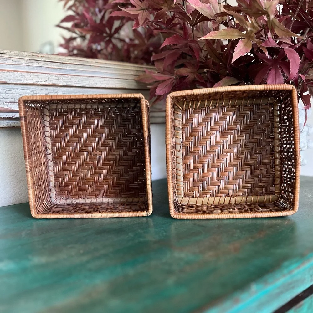 Set of 2 | Rattan Square Baskets | Vintage | Two Sizes
